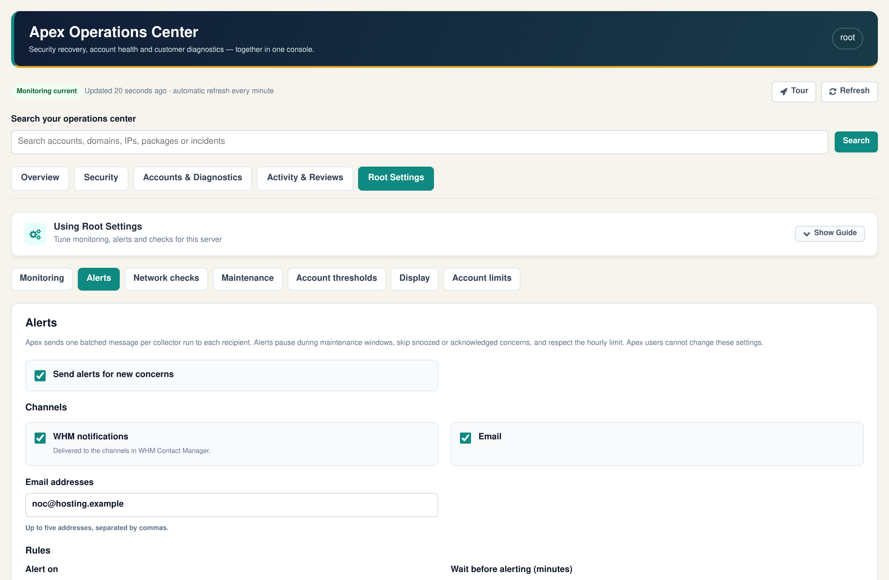 Alerts settings in the Apex Operations Center: WHM notifications, email recipients, rules and the weekly digest, with sample data