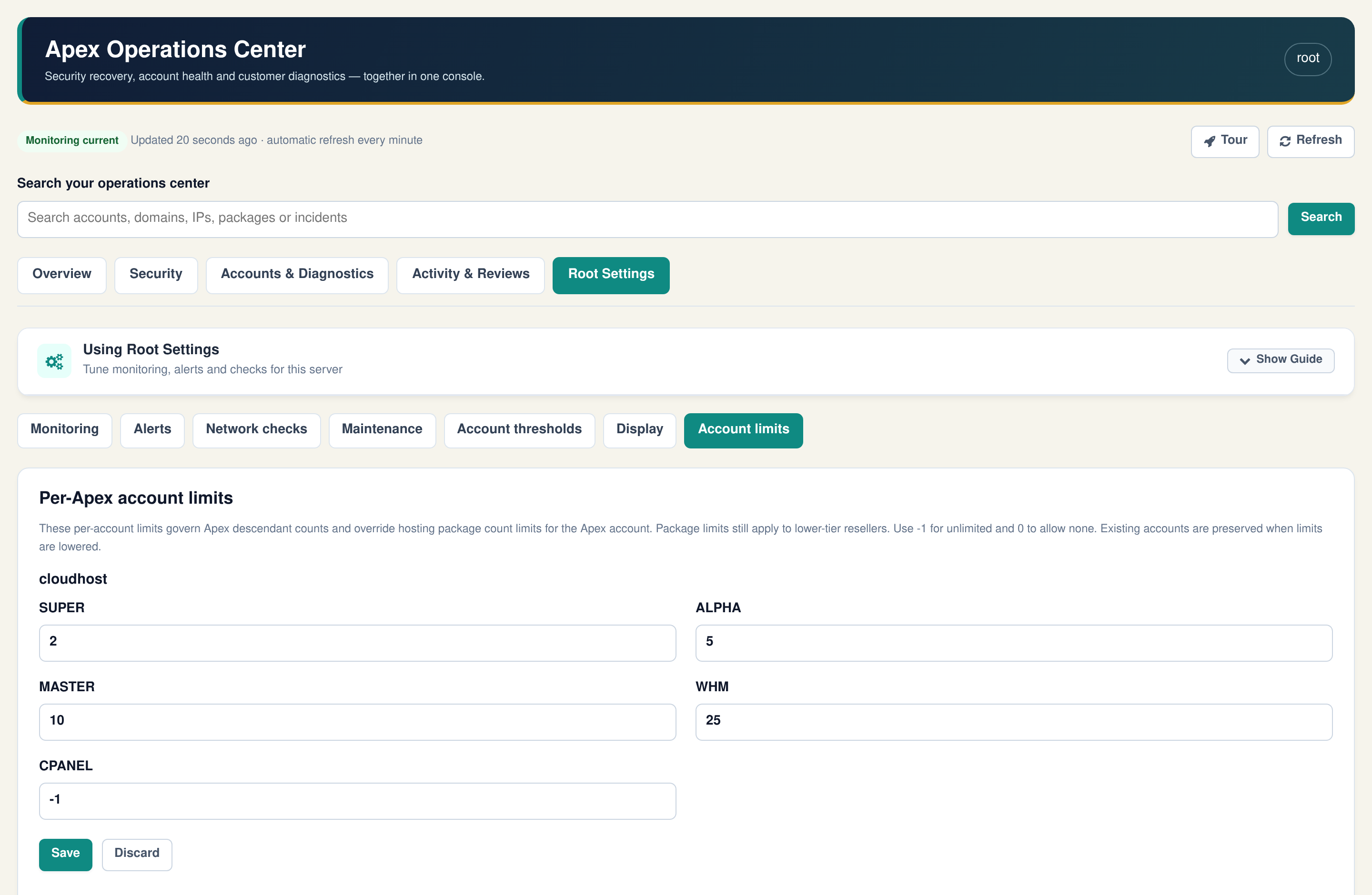 Per-Apex account limits form with a limit for each lower tier, with sample data