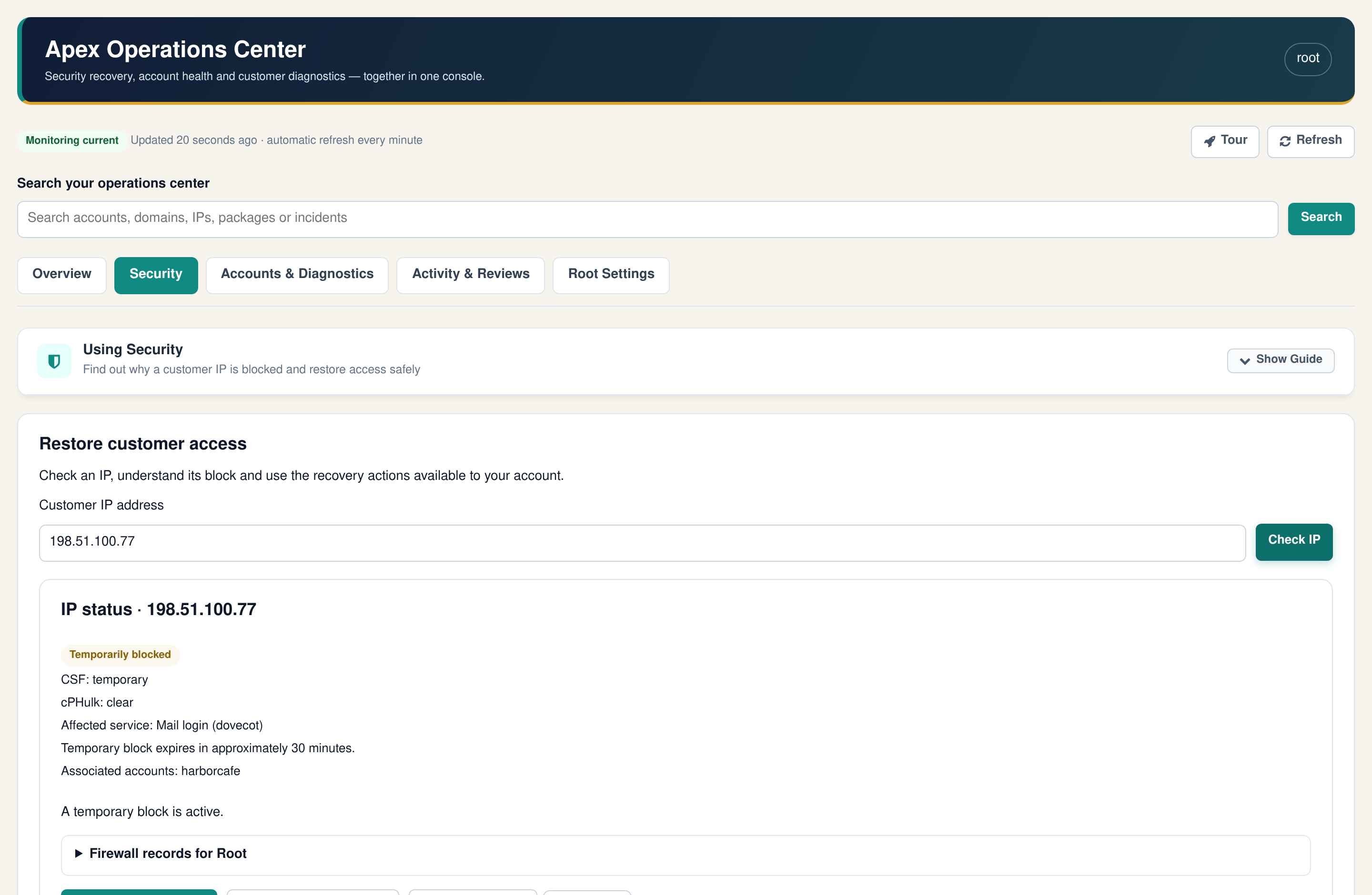 Customer lockout lookup showing a temporary CSF block, the affected service and recovery actions, with sample data