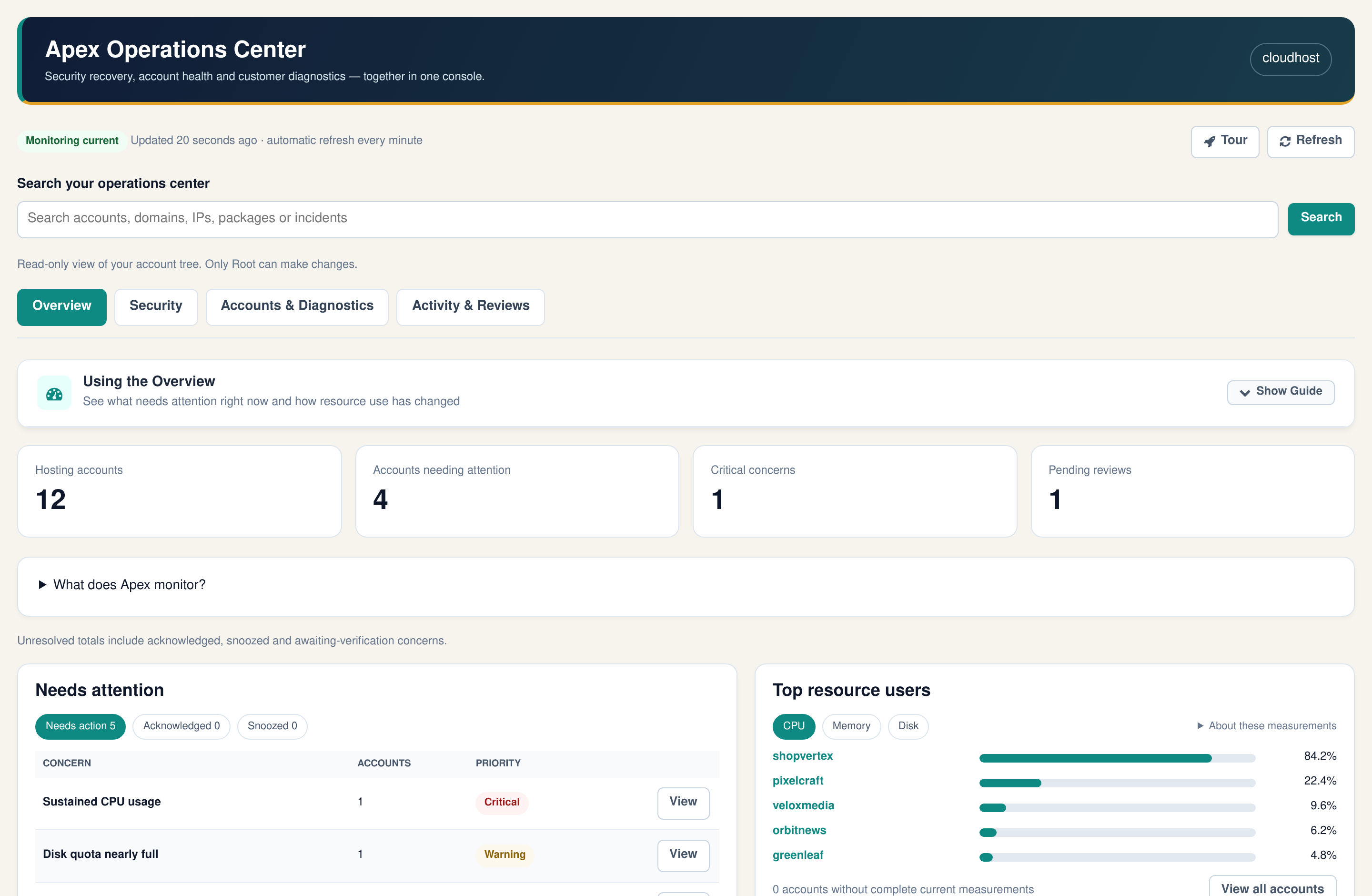 Read-only Apex reseller view of the Operations Center for their own branch, with sample data