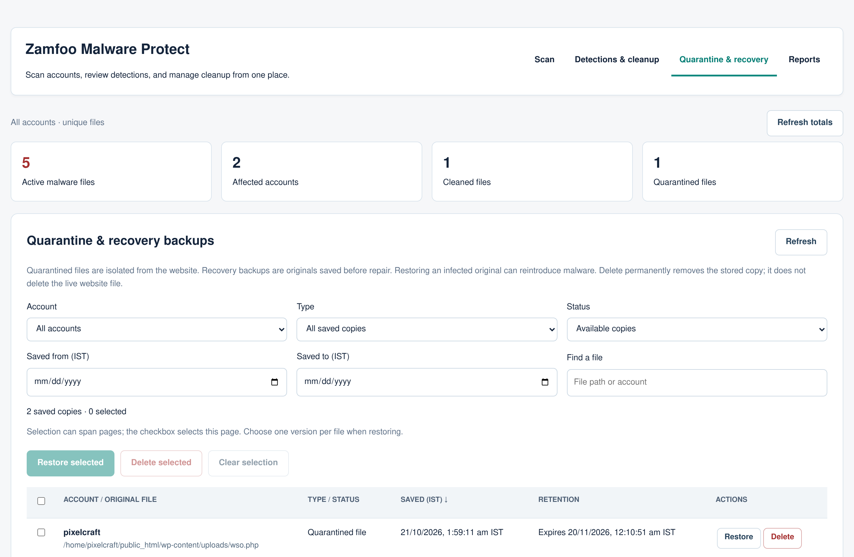 Quarantine & recovery page with sample data