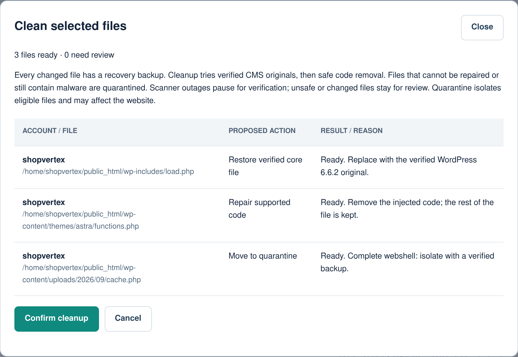 Review before cleanup page with sample data