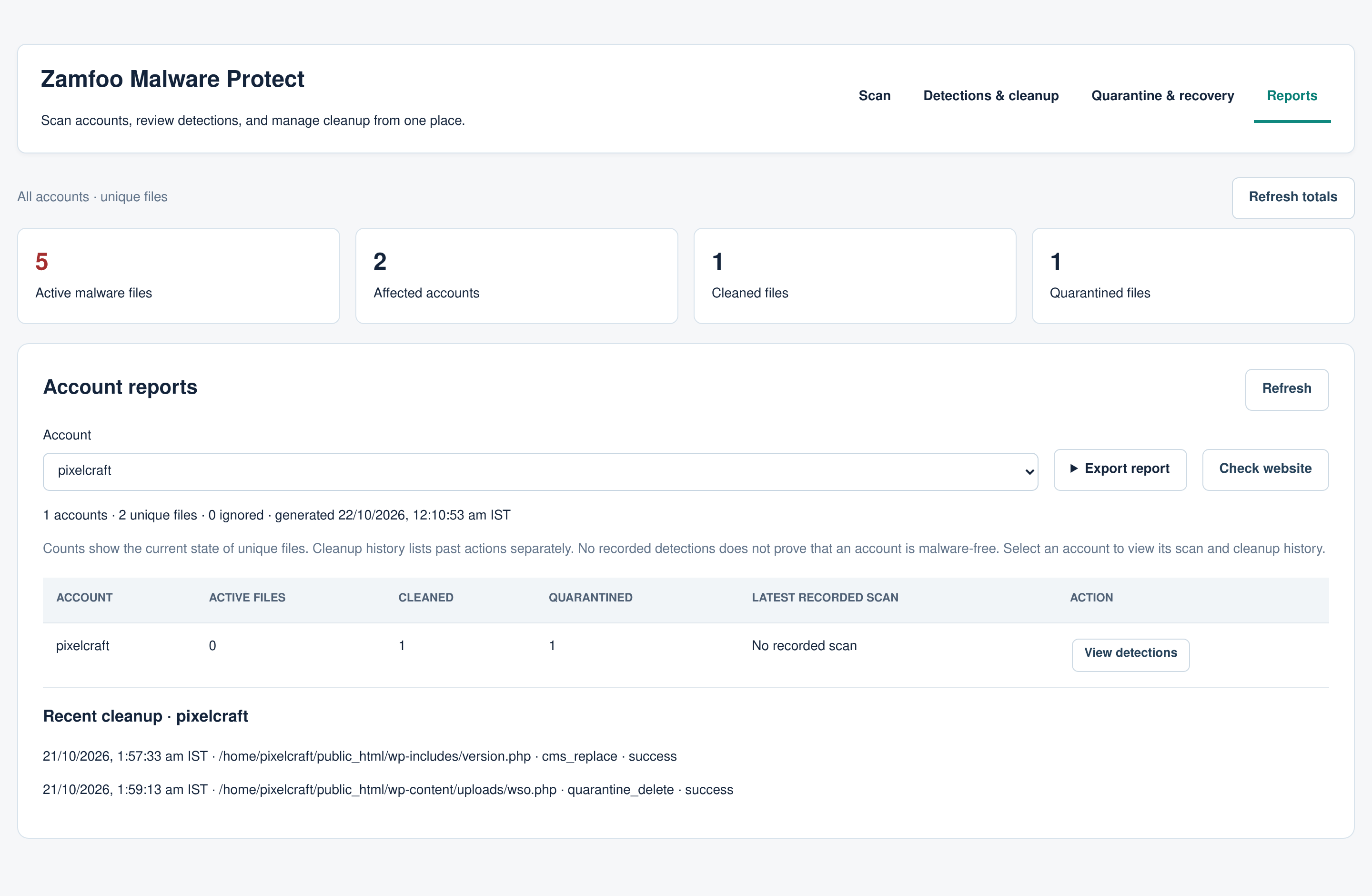 Reports page with sample data