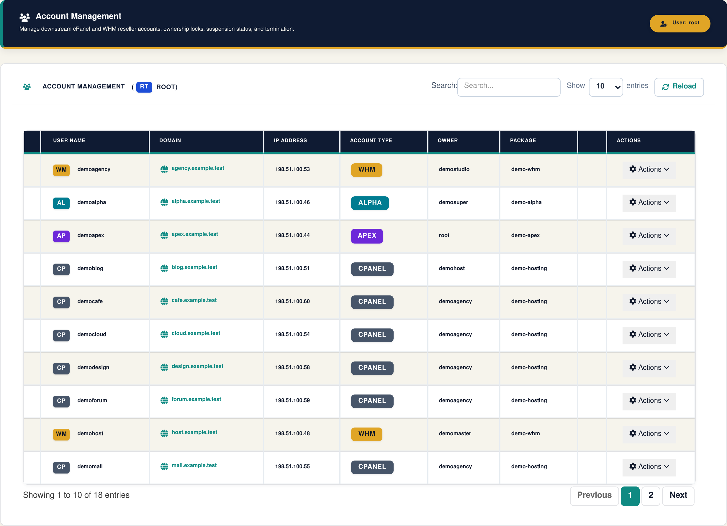 Current Zamfoo Account Management interface with sample data