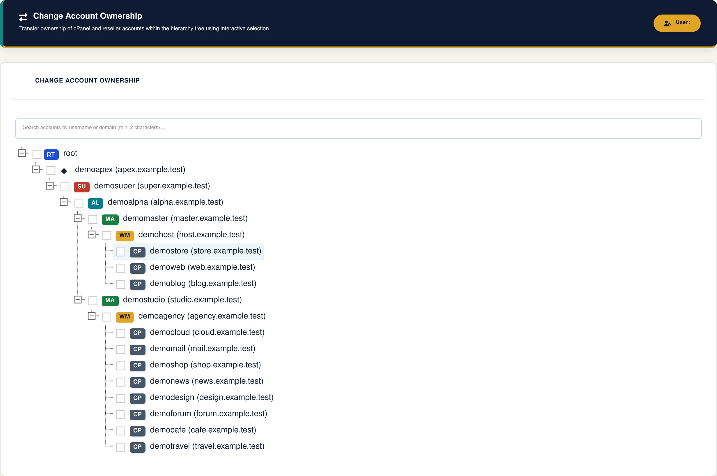 Current Zamfoo Change Account Owner interface with sample data