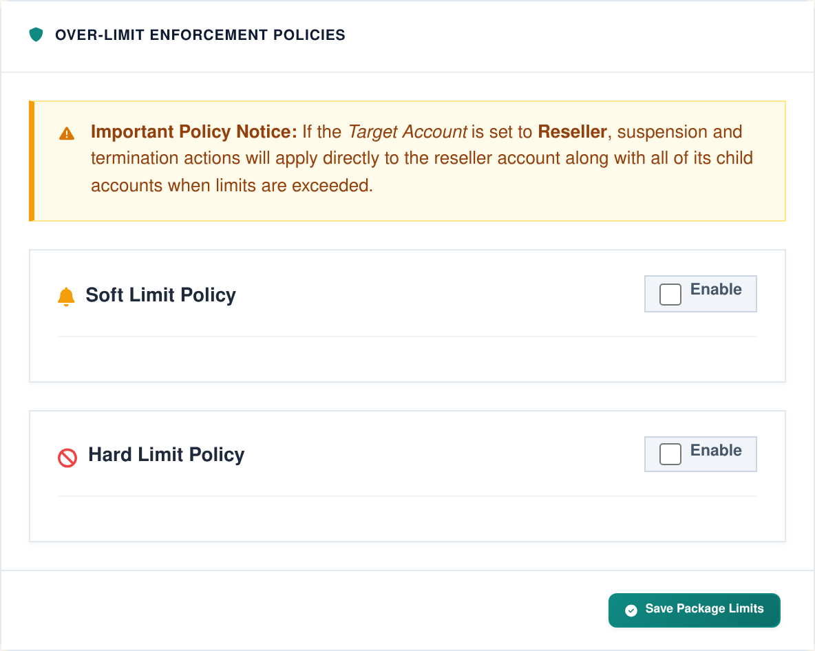 Current Zamfoo Limit Policies interface with sample data