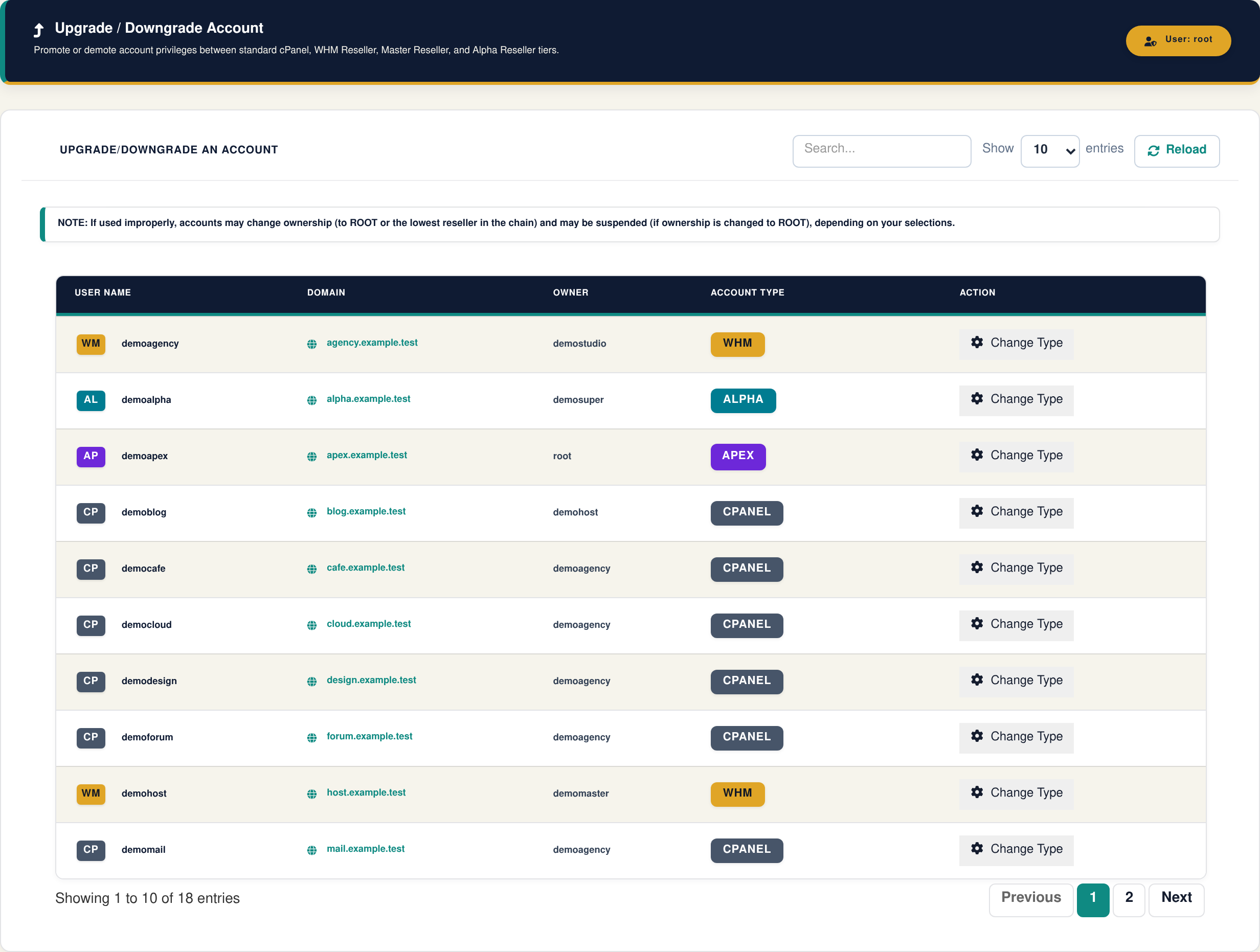 Current Zamfoo Upgrade / Downgrade interface with sample data